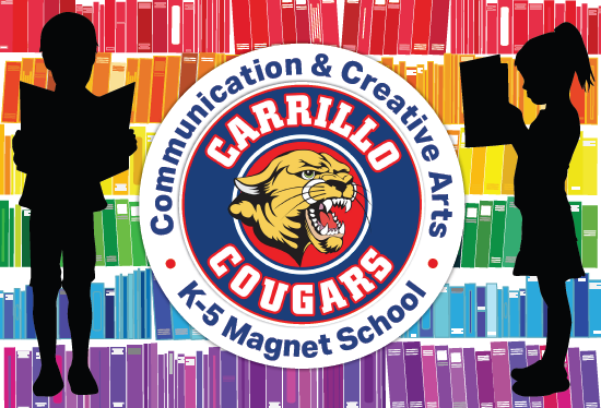 Carrillo Cougars Communication & Creative Ars K-5 Magnet School logo with students reading in colorful bookshelves