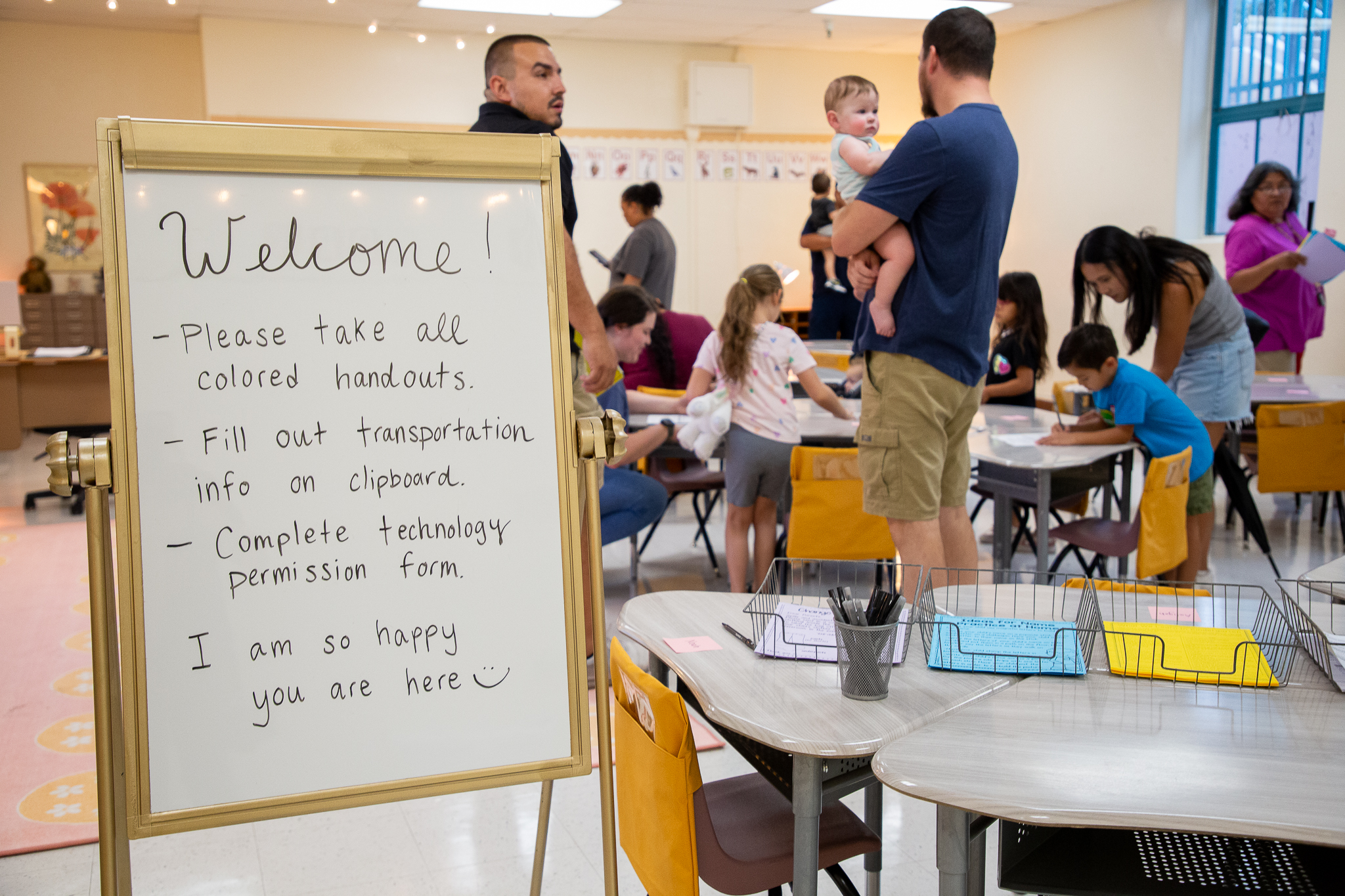 A welcome sign greets families in one of Carrillo's classrooms