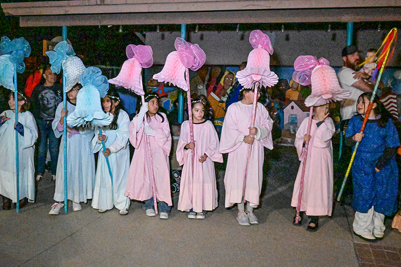 Girls dressed in pink and blue robes hold pink and blue bells on poles